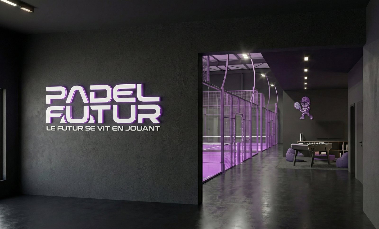 Terrains de padel Padel Futur, ambiance violette néon